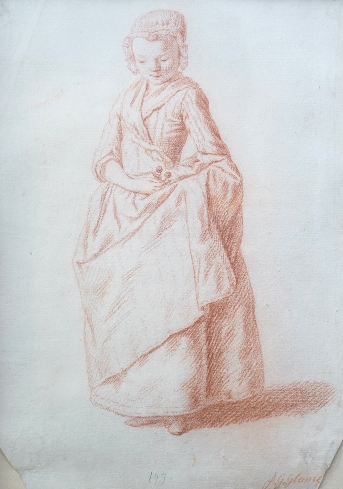 Johann Gottlieb Glume, German 1711-1778, Full length study of a girl holding a cherry sprig